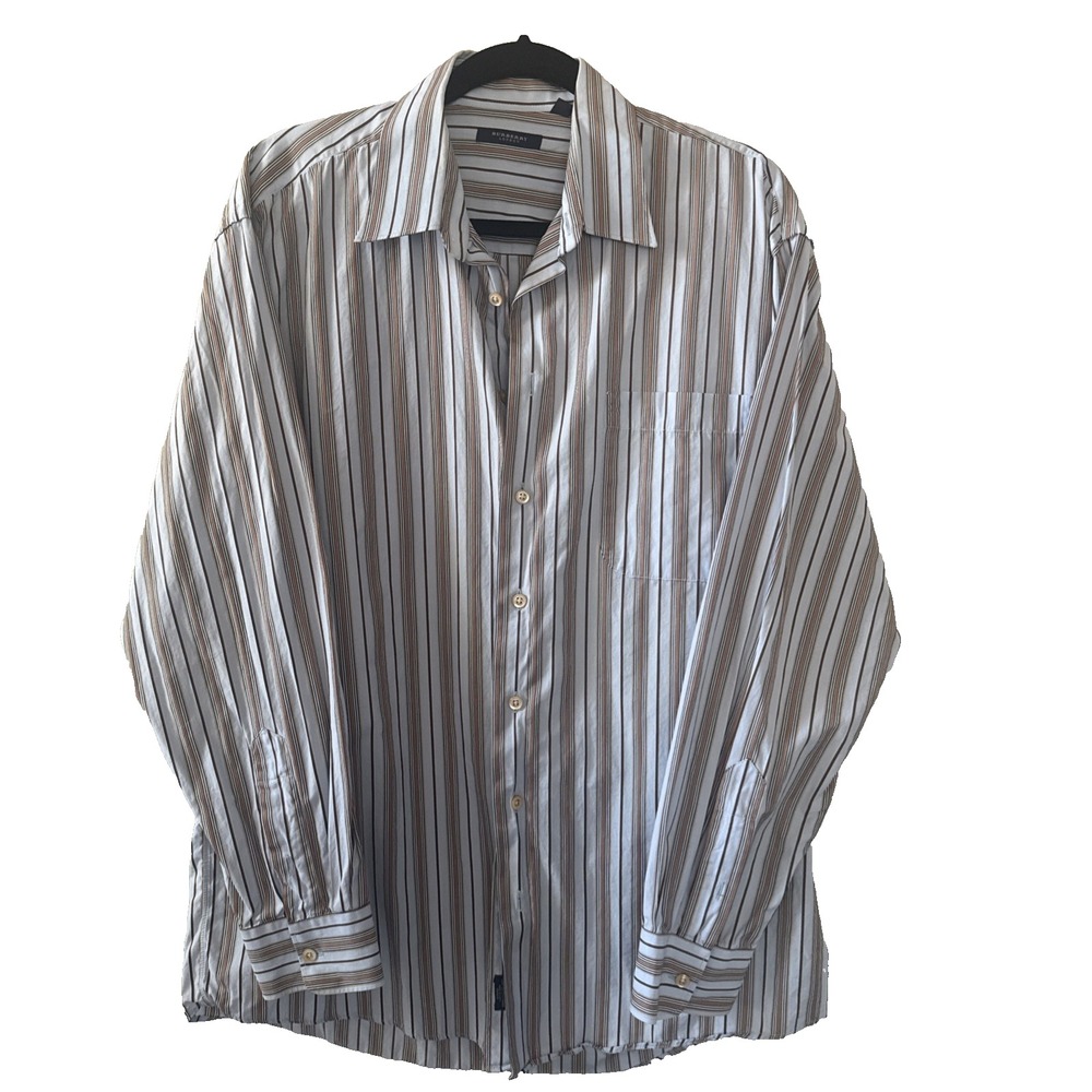 Burberry Button Up Shirt Men Large Long Sleeve Cotton Stripe Tan Blue